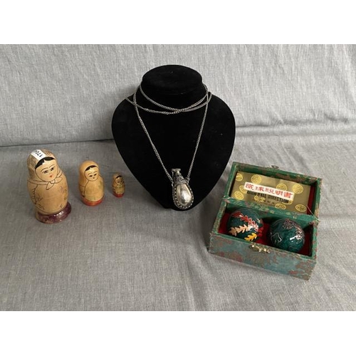 333 - Cased Chinese iron direction balls, 3 Russian dolls & white metal scent bottle pendant on chain