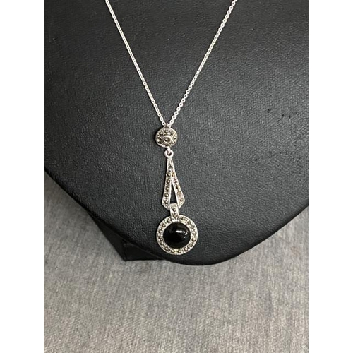 338 - Silver jet & marcasite pendant on silver chain