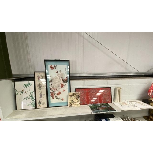 345 - 11 oriental pictures/ scrolls including Japanese tapestry, unframed watercolours, Chinese white Peac... 