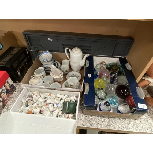 405 - 3 boxes of collectables to include thimbles, paperweights, Spode, Melba China etc