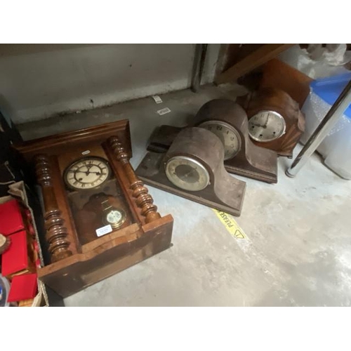 432 - 19th century mahogany cased wall clock with pendulum & key, two Napoleon mantle clocks & Art Deco oa... 