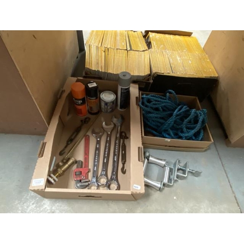 435 - Tow rope, 3 FACOM spanners 30, 32 & 36 (new), clamping quadrant, Kennedy wrench etc.