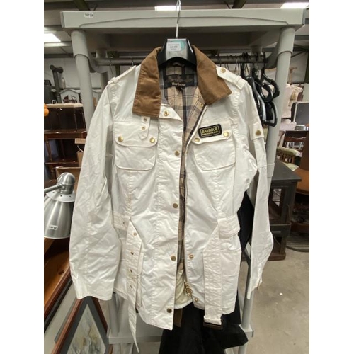 459 - Barbour Rainbow International jacket in white with belt, size 16 (in used condition)