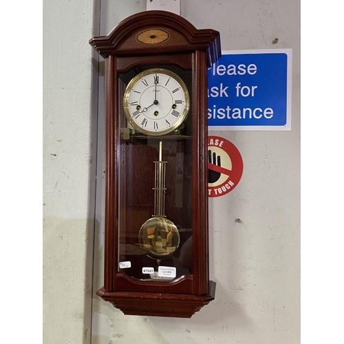 495 - Rapport mahogany wall clock with pendulum and key 65H 26W 15D