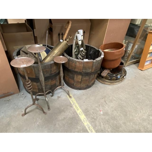 507 - Pair of oak cast bound planters 36cm deep x 40cm diameter, 2 teak bowls, oval mirror, pair of table ... 