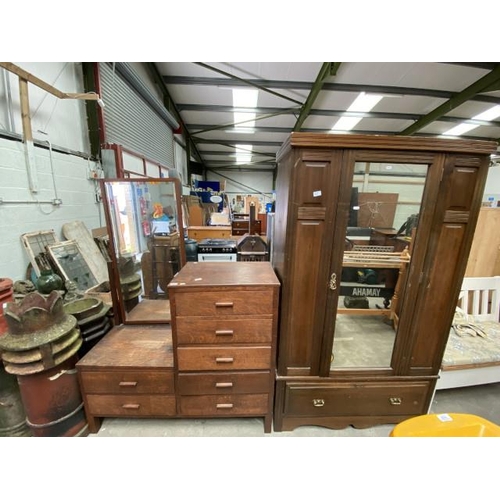 64 - Oak dressing table 176H 122W 46D & an Edwardian mirror door wardrobe 187H 108W 50D