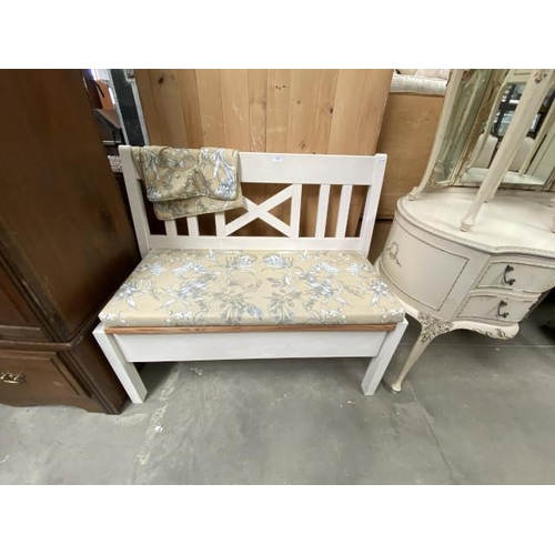 65 - A painted pine hall bench with storage & seat pad. 95H 106W 45D