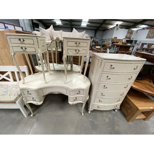 66 - 4 Piece French style bedroom suite (pair of bedside chests 69H 38W 34D, dressing table 147H 127W 60D... 