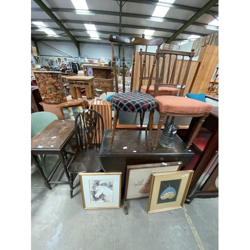 69 - Elm hoop backed chair, oak occasional table 72H 36W 59D, oak drop leaf table 74H 150W 92D etc