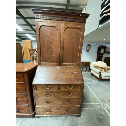 73 - Georgian oak bureau bookcase 230H 104W 55D with 1 key