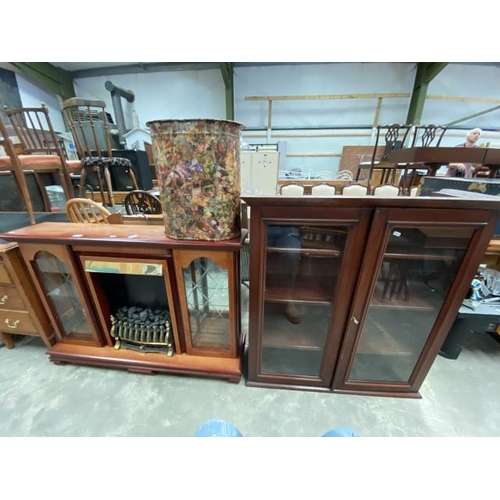 80 - Oak mantel with electric fire 85H 122W 28D, mahogany bookcase with 1 key 105H 99W 34D & Decoupage st... 