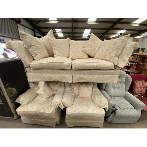 92 - Cream & Gold upholstered 3 piece suite (2 seater settee 210W & armchairs 95W)