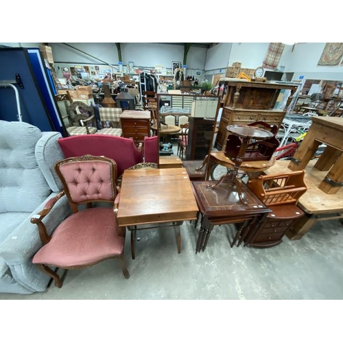 94 - French style arm chair, child's pine school desk 73H 53W 42D, Mahogany nest of tables 59H 54W 43D, W... 