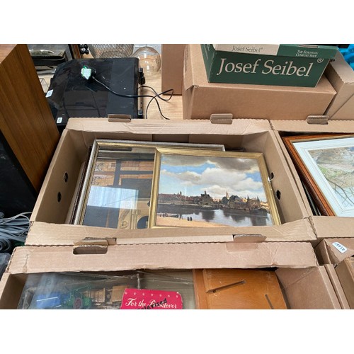 473 - 4 boxes of collectables including framed pictures and prints, 10 volumes of the “Oxford Universal En... 