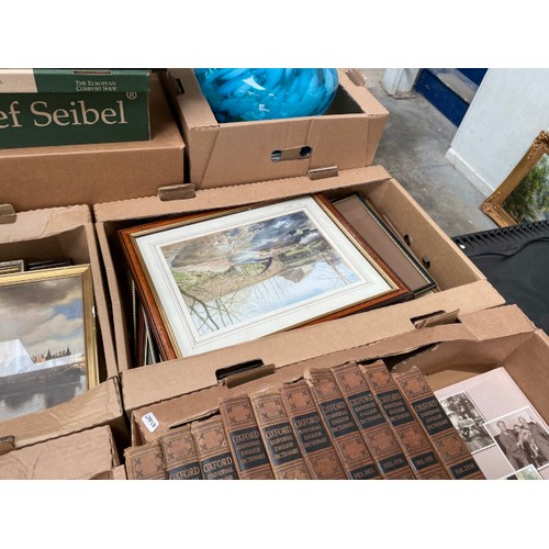 473 - 4 boxes of collectables including framed pictures and prints, 10 volumes of the “Oxford Universal En... 