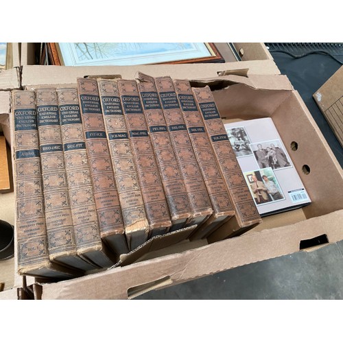 473 - 4 boxes of collectables including framed pictures and prints, 10 volumes of the “Oxford Universal En... 