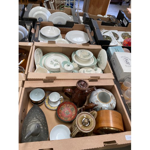 454 - 8 boxes of collectables including Susie Cooper, Wedgwood “Woodbury” part dinner service, decanters, ... 