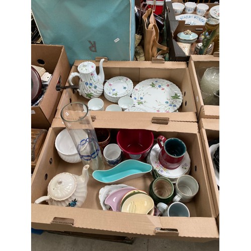 454 - 8 boxes of collectables including Susie Cooper, Wedgwood “Woodbury” part dinner service, decanters, ... 