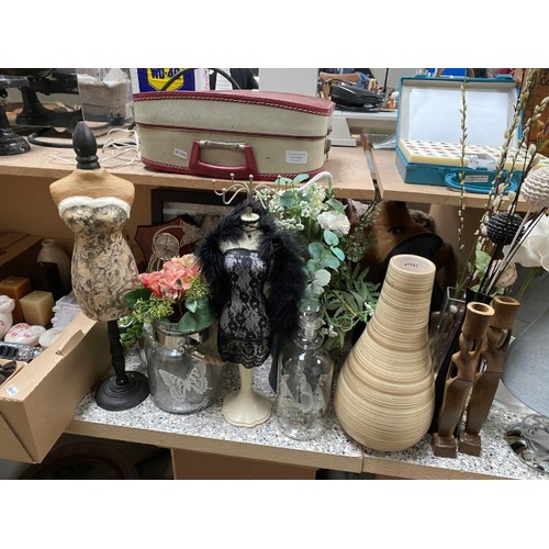 382 - Pair of chrome table lamps, Rayware vase, jewellery stands, artificial flowers, 3 boxes to include c... 