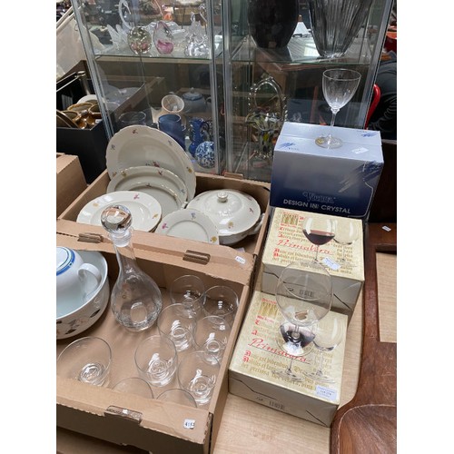 379 - 4 boxes of collectables to include Linea Crystal decanter, German Koenigszelt part tablewares, Bavar... 