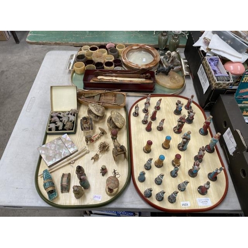 478 - 3 Trays of collectables including vintage napkin holders, treen letter openers, cold cast ashtrays w... 