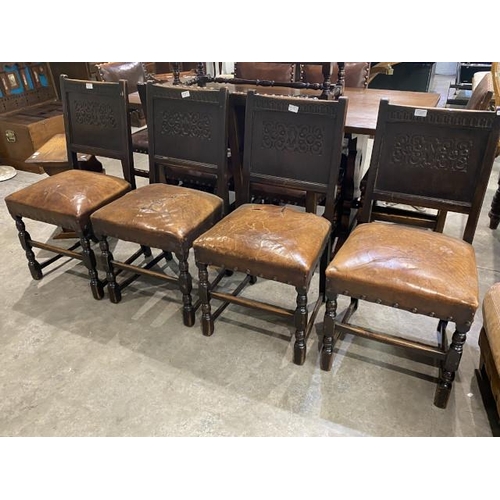 61 - 4 Antique Oak & Leather Dining chairs ( Leather as found) 47W