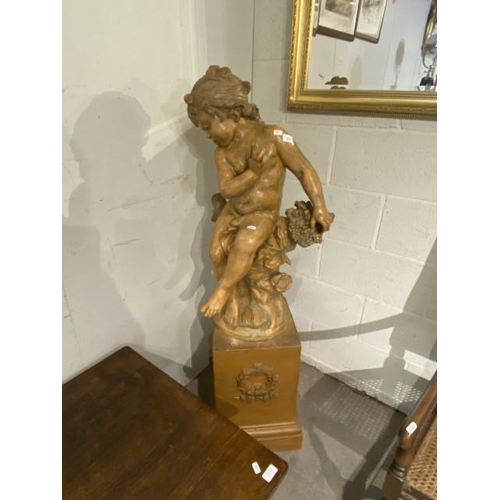 68 - Ceramic Cherub statue on cast metal plinth 139H