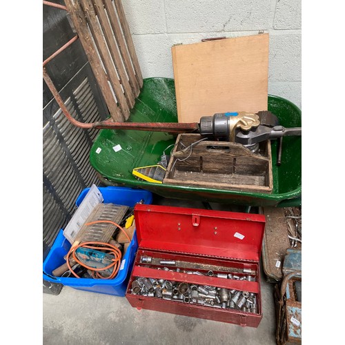 1 - Good quantity of workshop tools, wheelbarrow, vintage sledge, tool boxes, storage boxes, gathering b... 