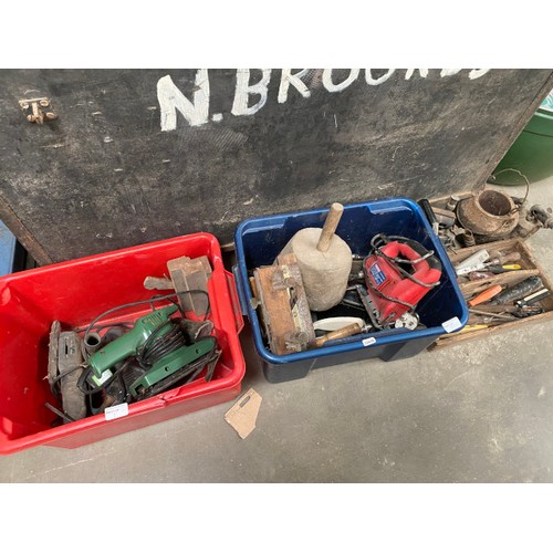 1 - Good quantity of workshop tools, wheelbarrow, vintage sledge, tool boxes, storage boxes, gathering b... 