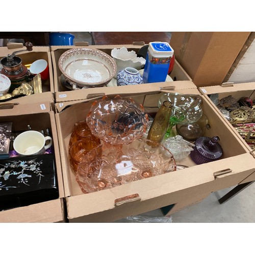 486 - 2 boxes of cellophane bags, artist materials, 9 boxes of collectables including coloured glassware, ... 