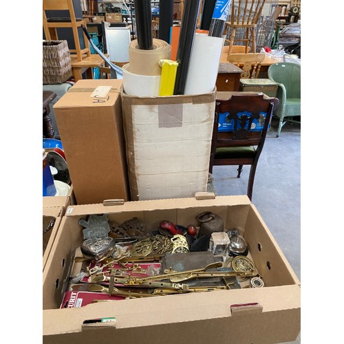 486 - 2 boxes of cellophane bags, artist materials, 9 boxes of collectables including coloured glassware, ... 