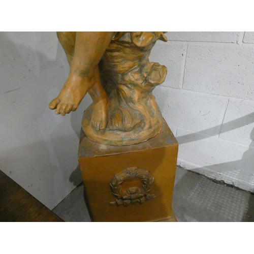 68 - Ceramic Cherub statue on cast metal plinth 139H