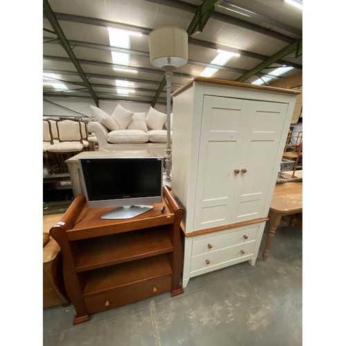 114 - Cream 2 door wardrobe 185H 94W 55D,Pine butlers stand 94H 92W 50D and a Panasonic TX-22LX2 TV with p... 