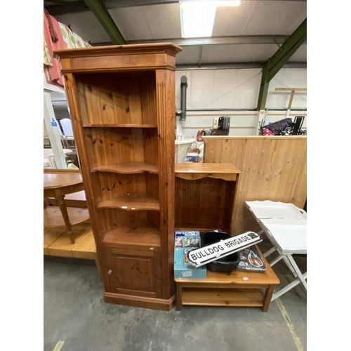 123 - Pine bookcase 120H 92W 31D, pine coffee table 41H 86W 46D, pine corner cupboard 198H 70W 38D, Bulldo... 