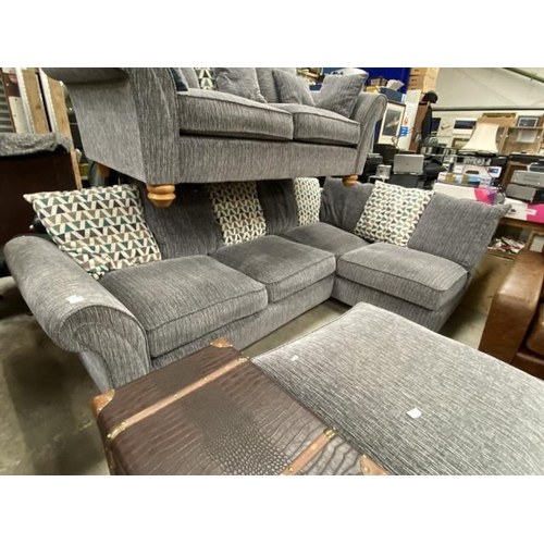 204 - Grey/blue chenille “Vegas” corner settee with scatter cushions 60H 160W 260D