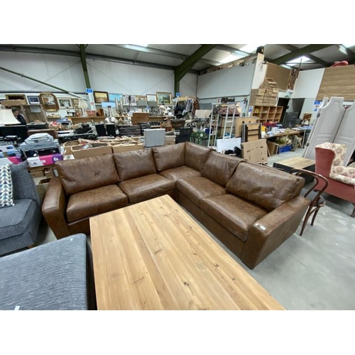 207 - Brown leather, distressed effect corner sofa 80H 250W 270D (New ex show home)