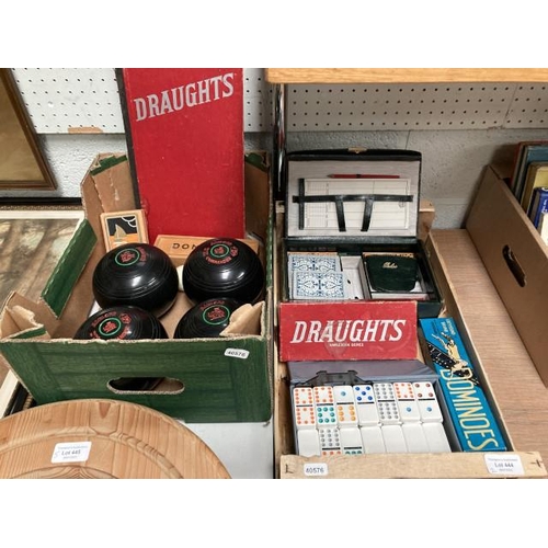 444 - Tray of vintage games inc. draughts, dominoes, leather cased poker set, playing cards, Almark size 4... 