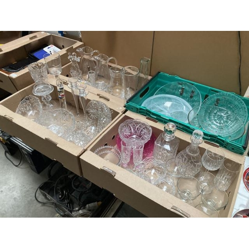 468 - 4 boxes of mixed glassware inc. decanters, waters jugs, bowls, candlesticks, bonbon dish, table bell... 