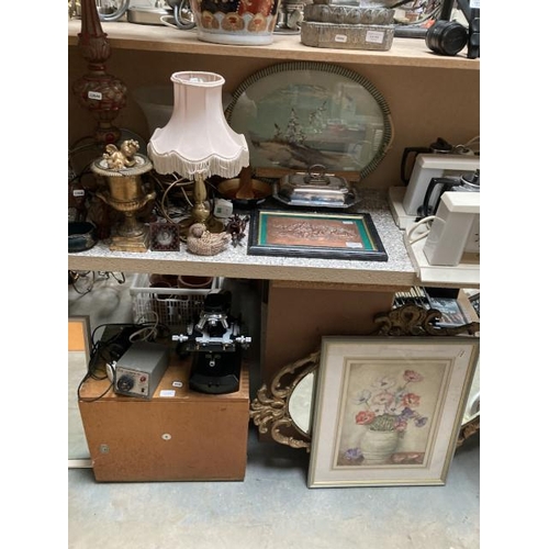 472 - 3 table lamps, gilt framed mirror, collectables, copper cherub plaque, Kitsch serving tray etc.