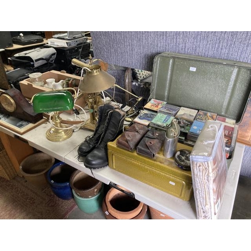 545 - Assorted items including audio cassettes, military ammo box, bankers lamp, mahogany Napoleon mantle ... 