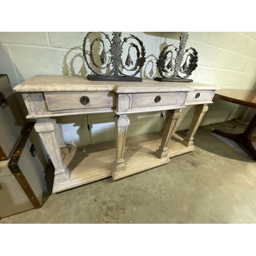 64 - Contemporary pine 3 drawer console table 81H 153W 48D (New ex show home)