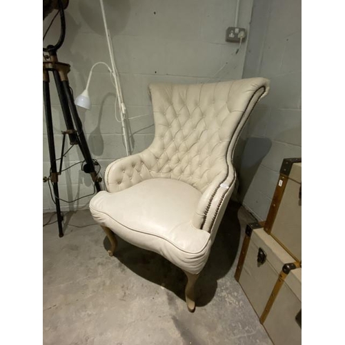 66 - Cream leather button back wing arm chair 75W (Artsome for Coach House) (New ex show home)