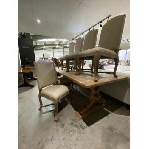 69 - Contemporary pine farmhouse table 75H 240W 100D and 6 cream linen chairs (new, ex show home)