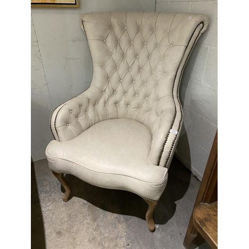 84 - Cream leather button back wing arm chair 75W (Artsome for Coach House) (New ex show home)