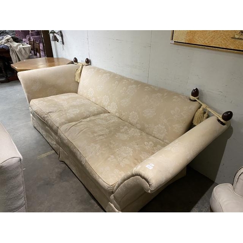 86 - J Milton “Knoll” style settee, upholstered in gold/cream fabric 246W