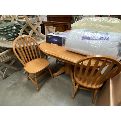 97 - Beech kitchen table 76H 137W 90D and 4 hoop back chairs