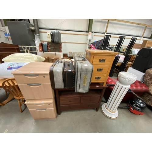 98 - 3 Vintage travelling cases including Deco, pair of beech bedside cupboards 57H 46W 48D, white and gi... 