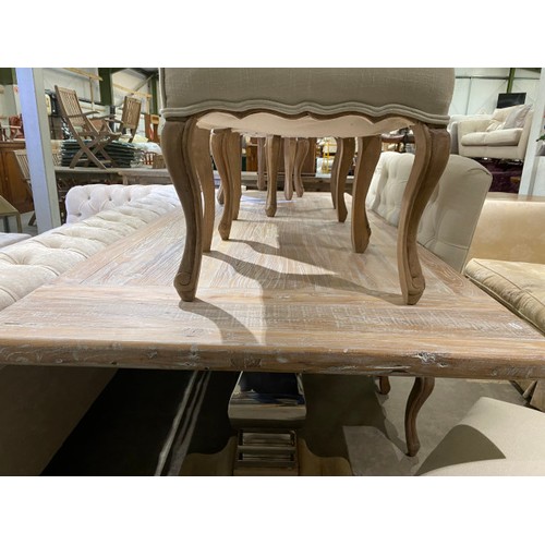 87 - La Maison Chic refectory farmhouse dinging table with chrome legs 77H 240W 100D and 8 cream linen kn... 