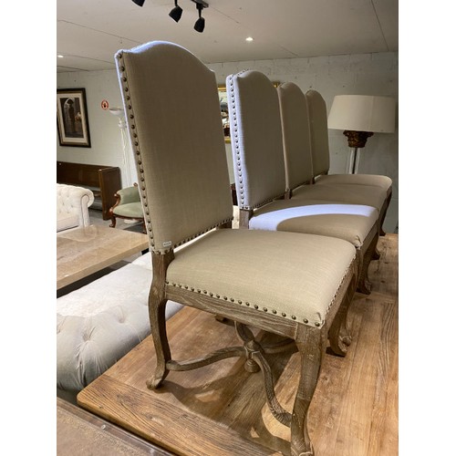 69 - Contemporary pine farmhouse table 75H 240W 100D and 6 cream linen chairs (new, ex show home)