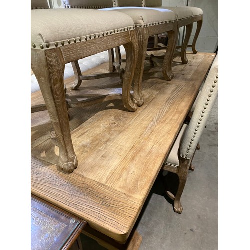 69 - Contemporary pine farmhouse table 75H 240W 100D and 6 cream linen chairs (new, ex show home)